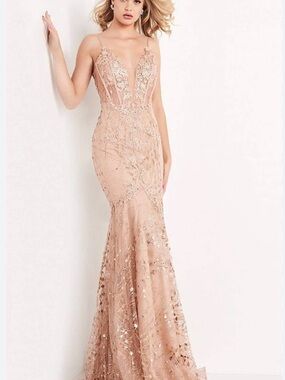 Blush Beaded Mermaid Prom Dress with Sheer Bodice